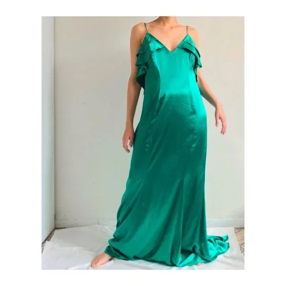 NWT Zac Posen Green emerald satin ruffle long dress - Picture 2 of 7